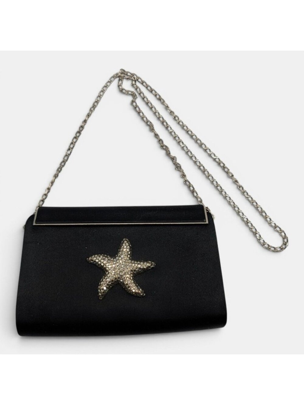 Eliza Gray Starfish Crystal Embellished Black Satin Evening Bag W Silver Chain - Picture 15 of 15